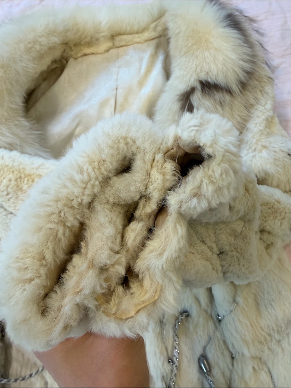 Vintage White Rabbit Fur Jacket Fox Fur Collar Y2K XS S - Picture 7 of 12